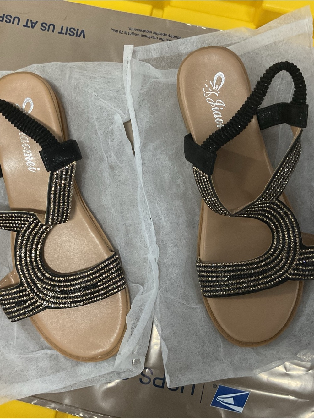 Beaded Black Elastic Slingback Sandals with Tan Footbed